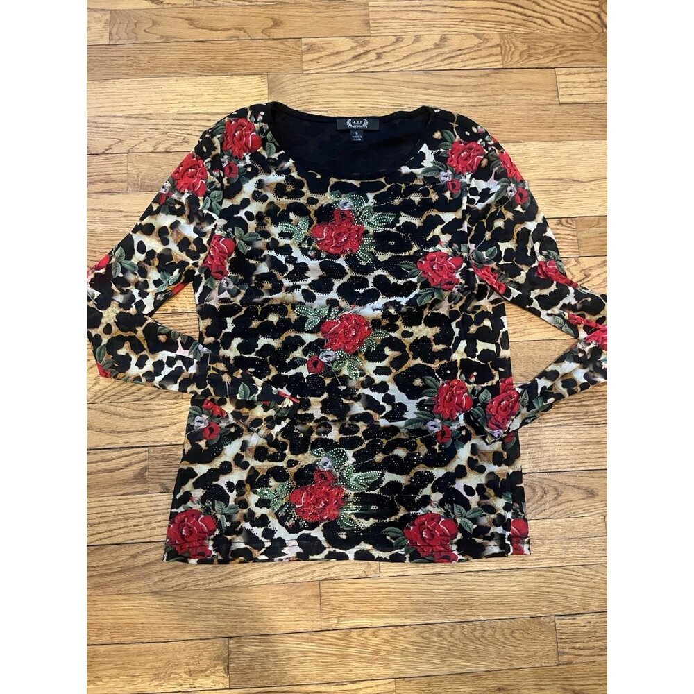 Azi Mesh Top Size L Floral Multicolor Embellished Flower Artsy Roses Bedazzled